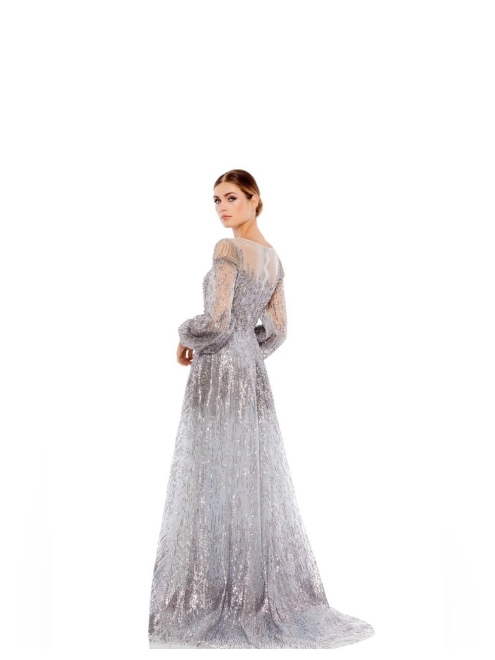 Mac Duggal Silver Sequin Maxi Gown with Sheer Yoke - Picture 2 of 4